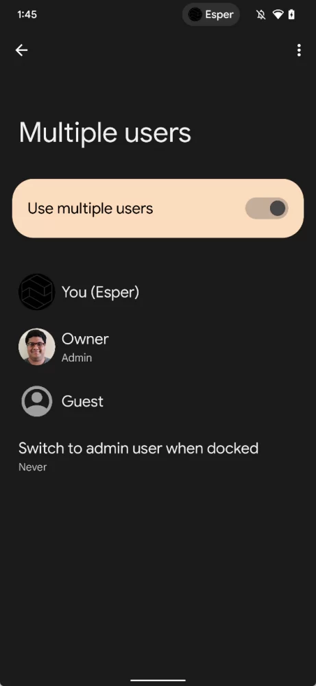 Android 13 switch to admin user when docked 1