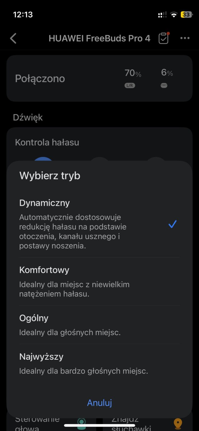 Aplikacja Huawei AI Life ustawienia redukcji hałasu