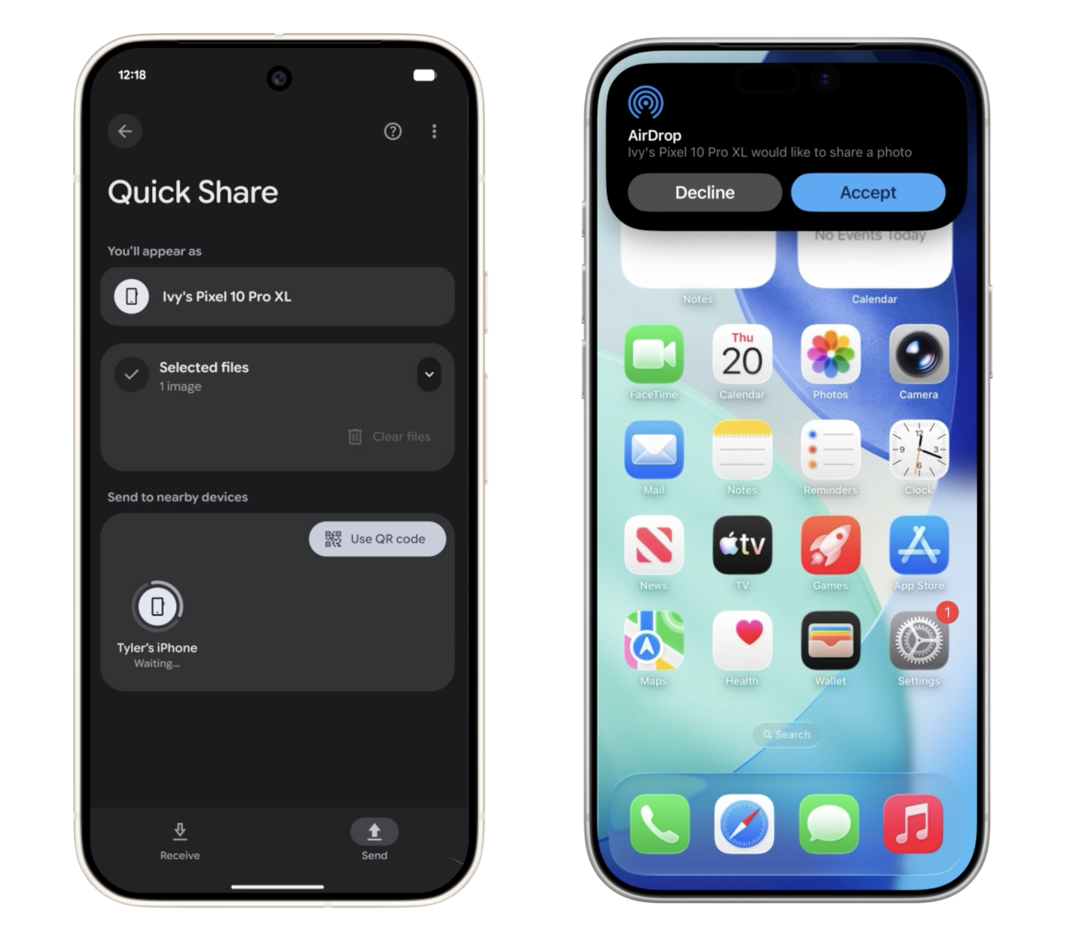 Quick Share działający razem z AirDrop