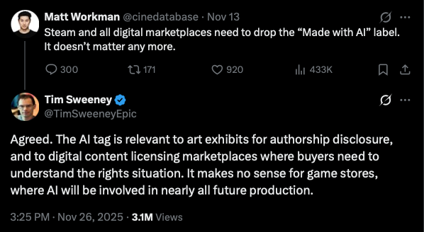 Tim Sweeney z Epic Games i jego krytyczne wypowiedzi o tagach „Made with AI”, czyli trochę o przyszłości tworzenia gier w epoce AI 5 TIm Sweeney o oznaczeniu "Made with AI"