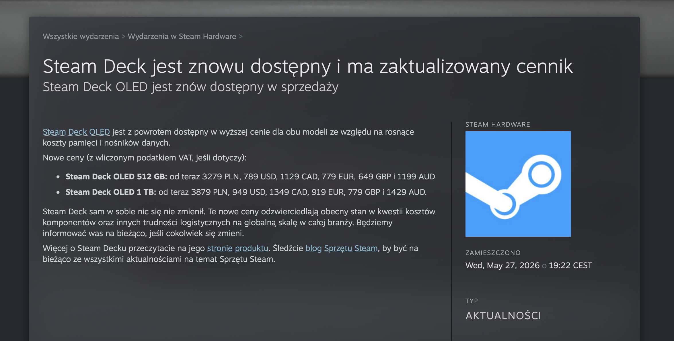 Steam Deck - Ogłoszenie o wzroście ceny