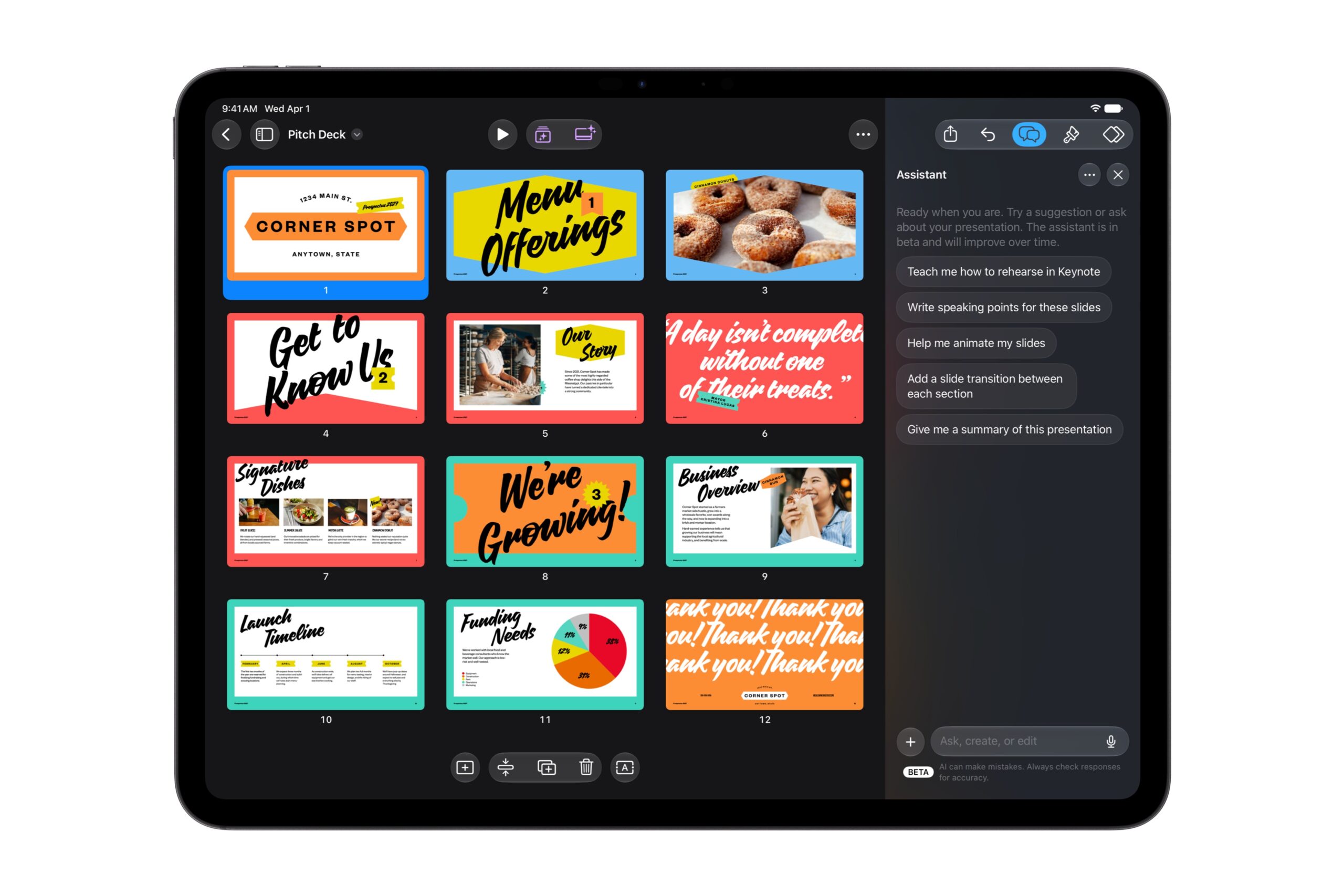 Apple Creator Studio z potężnym updatem. AI, nowe UI i wbudowane treści MotionVFX 7 Apple Creator Studio intelligent assistant in Keynote on iPad Pro 261027 scaled